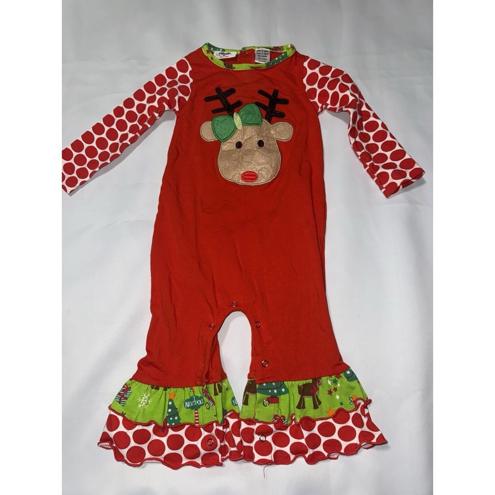 Ann Loren infant girls Christmas romper 12 Months reindeer Red Green Ruffle Legs